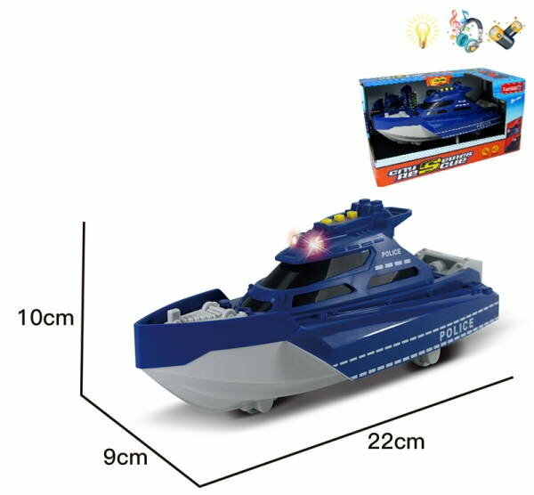 Катер POLICE на батарейках (свет, звук) синий в коробке