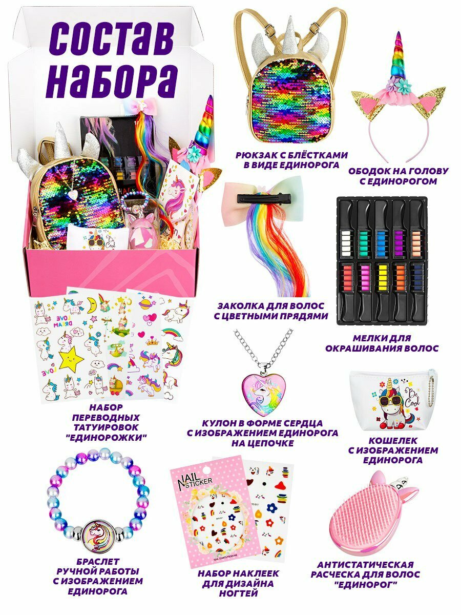 Подарочный набор аксессуаров "Единорог" в подарок девочке на 14 февраля, 8 марта, день рождения — фото 1