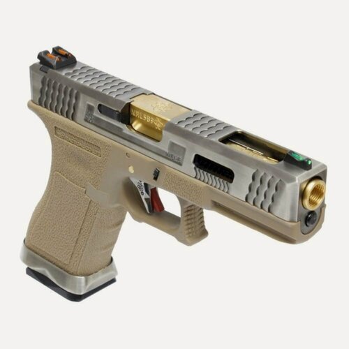 Изображение товара Пистолет WE GLOCK-17 G-Force металл слайд, TAN рамка, хром слайд, золоченый ствол