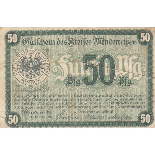 Германия (Веймарская Республика) Минден 50 пфеннигов 1920 г. германия веймарская республика ноймюнстер 50 пфеннигов 1920 г