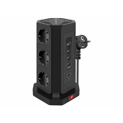 Сетевой фильтр QUMO Power Tower Pro PD 8SP4U (P-0004), 9 розеток, 4xUSB, USB-C, 2500 Вт, 10А, 2м Черный 42086