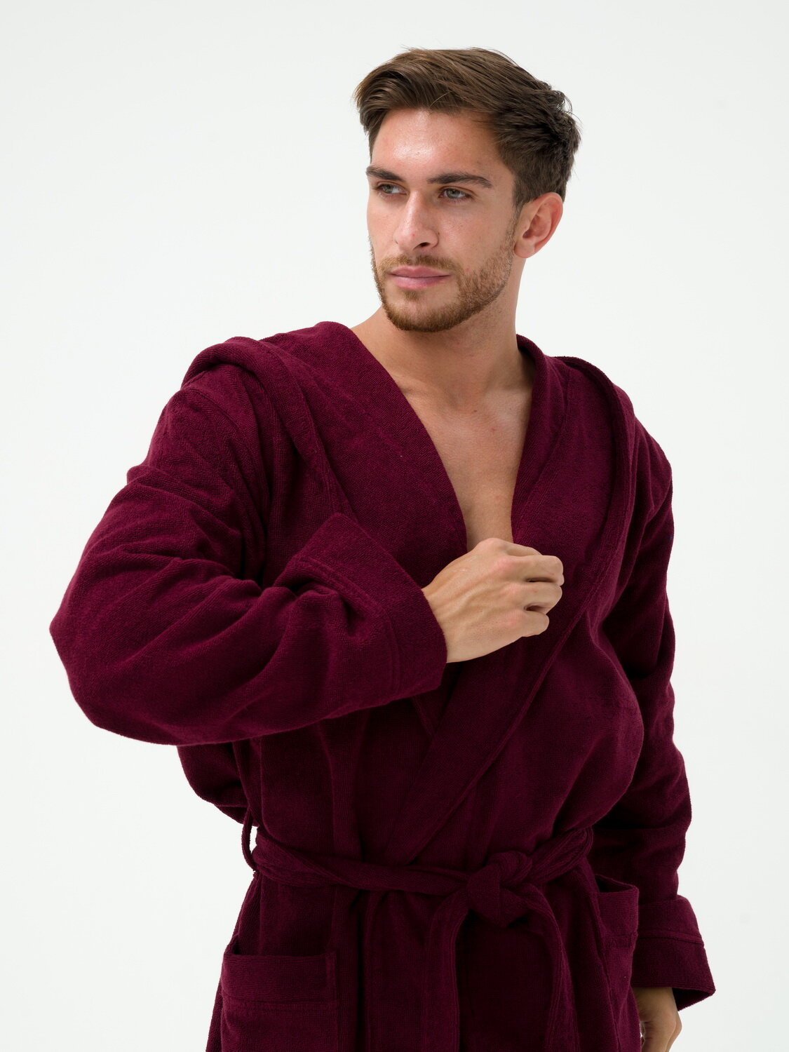 Мужской махровый халат с капюшоном, темно-бордовый - фотография № 9