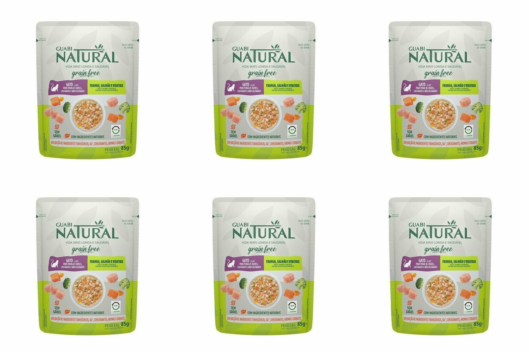 Guabi Natural Влажный беззерновой корм для взрослых кошек Cat Grain Free, курица, лосось и овощи, 85 г, 6 шт