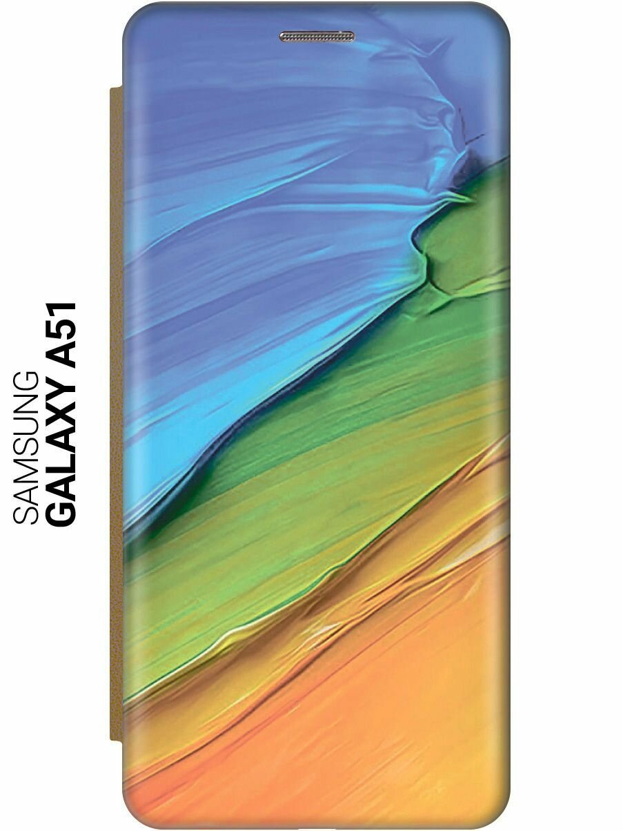 Чехол-книжка на Samsung Galaxy A51, Самсунг А51 c принтом "Желто-синие ткани" золотистый