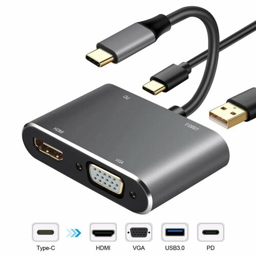 Хаб/концентратор hub Type-c - HDMI (4K) + VGA + USB-C (PD) + USB 3.0 высокоскоростная док станция usb type c 4k usb type c хаб pd для портов передачи данных для macbook air m1 хаб thunderbolt 3 двухсторонний адаптер pd