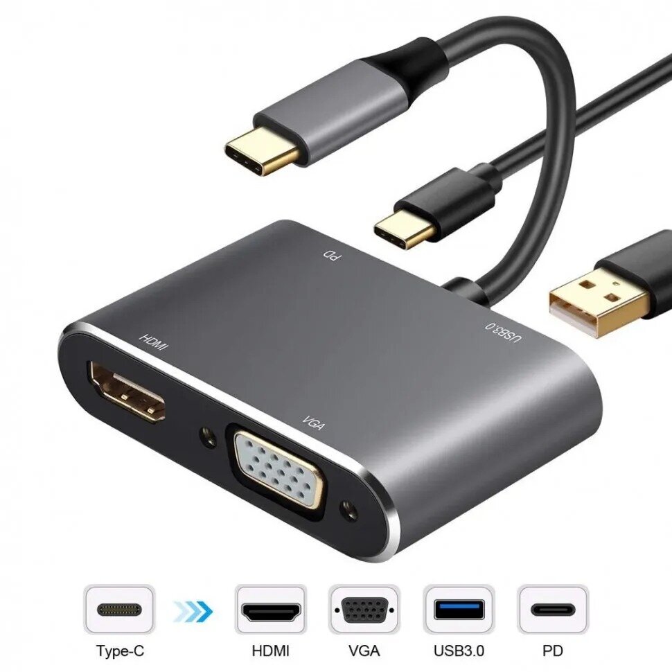 Хаб/концентратор hub Type-c - HDMI (4K) + VGA + USB-C (PD) + USB 30