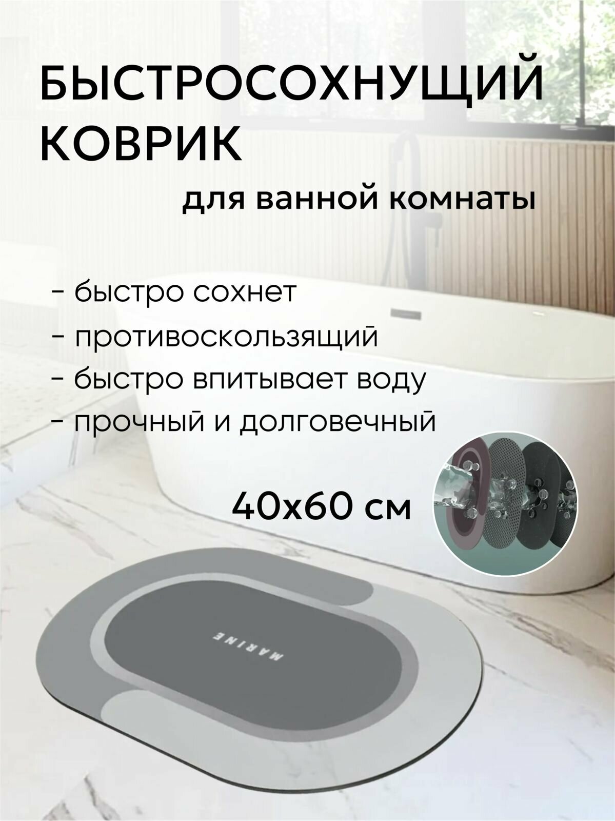 Быстросохнущий нескользящий абсорбирующий коврик для ванны 40х60 см овальный серый