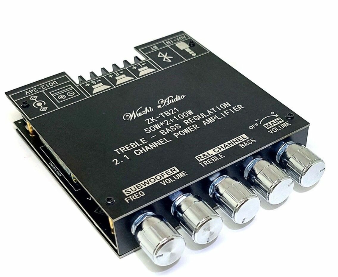 Аmplifier - усилитель мощности аудио с улучшенным чипом TPA3116D2, вход: 3,5 jack AUX и Bluetooth 5.1, Выход: колонки 50 Вт * 2 шт + 100w бас