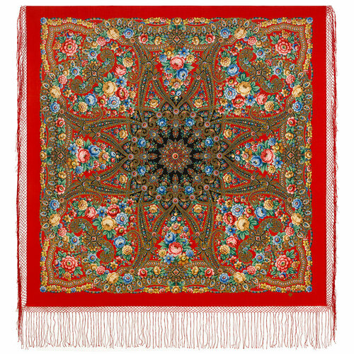 фото Платок павловопосадская платочная мануфактура,148х148 см, коралловый, красный