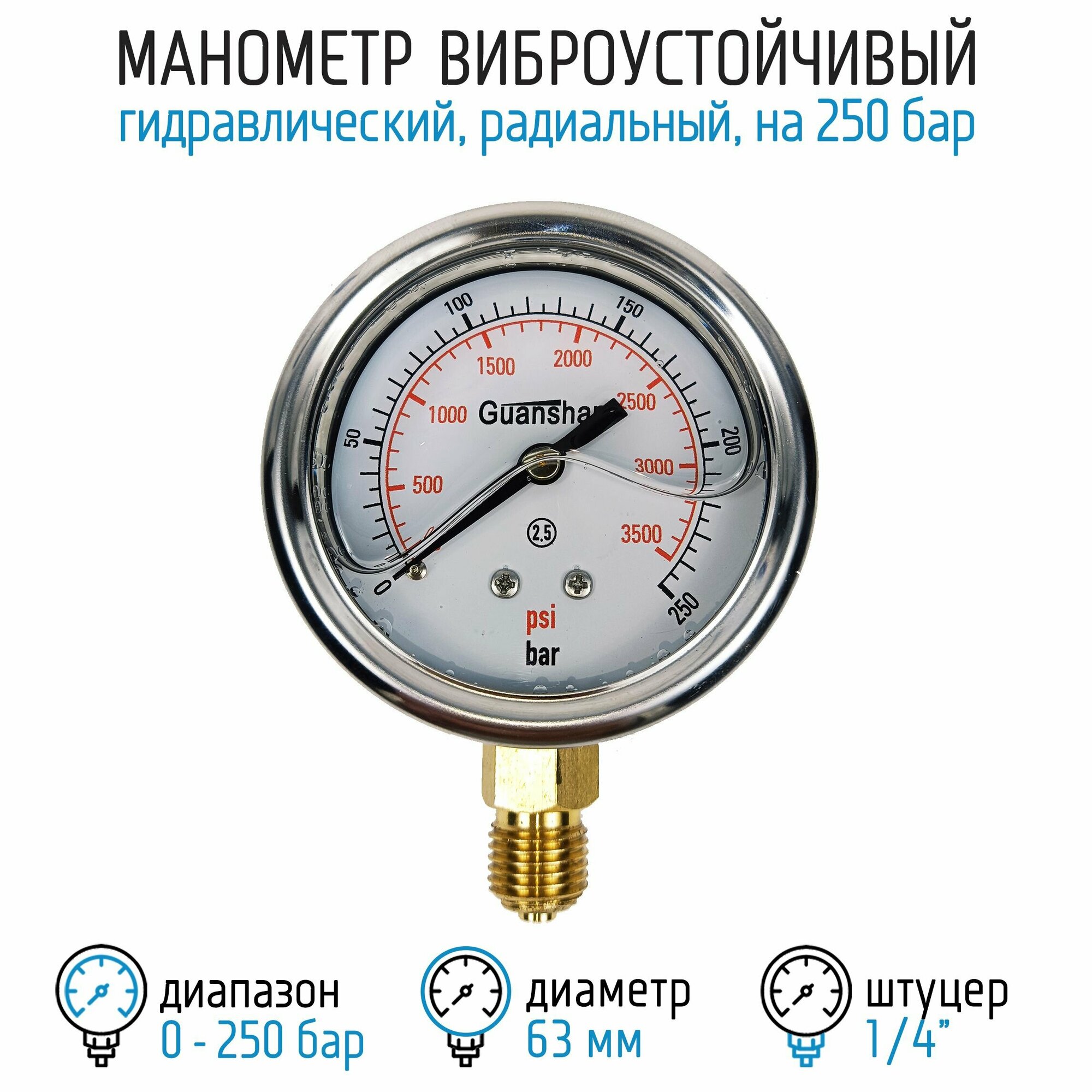 Манометр виброустойчивый YN63Z на 250 бар 63 мм G 1/4" радиальный глицериновый