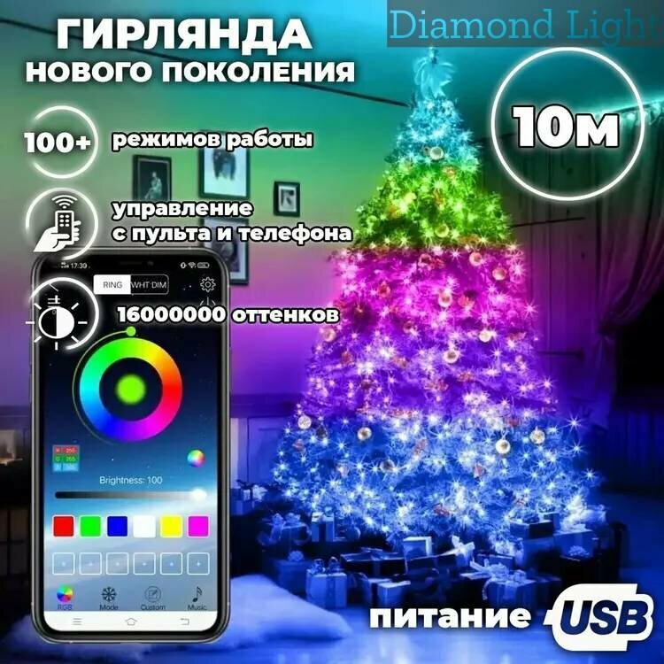 Умная гирлянда Светодиодная RGB нить LED Smart fairy Light. Управление с телефона + с пульта ДУ. 10м/100 ламп. Питание от USB.