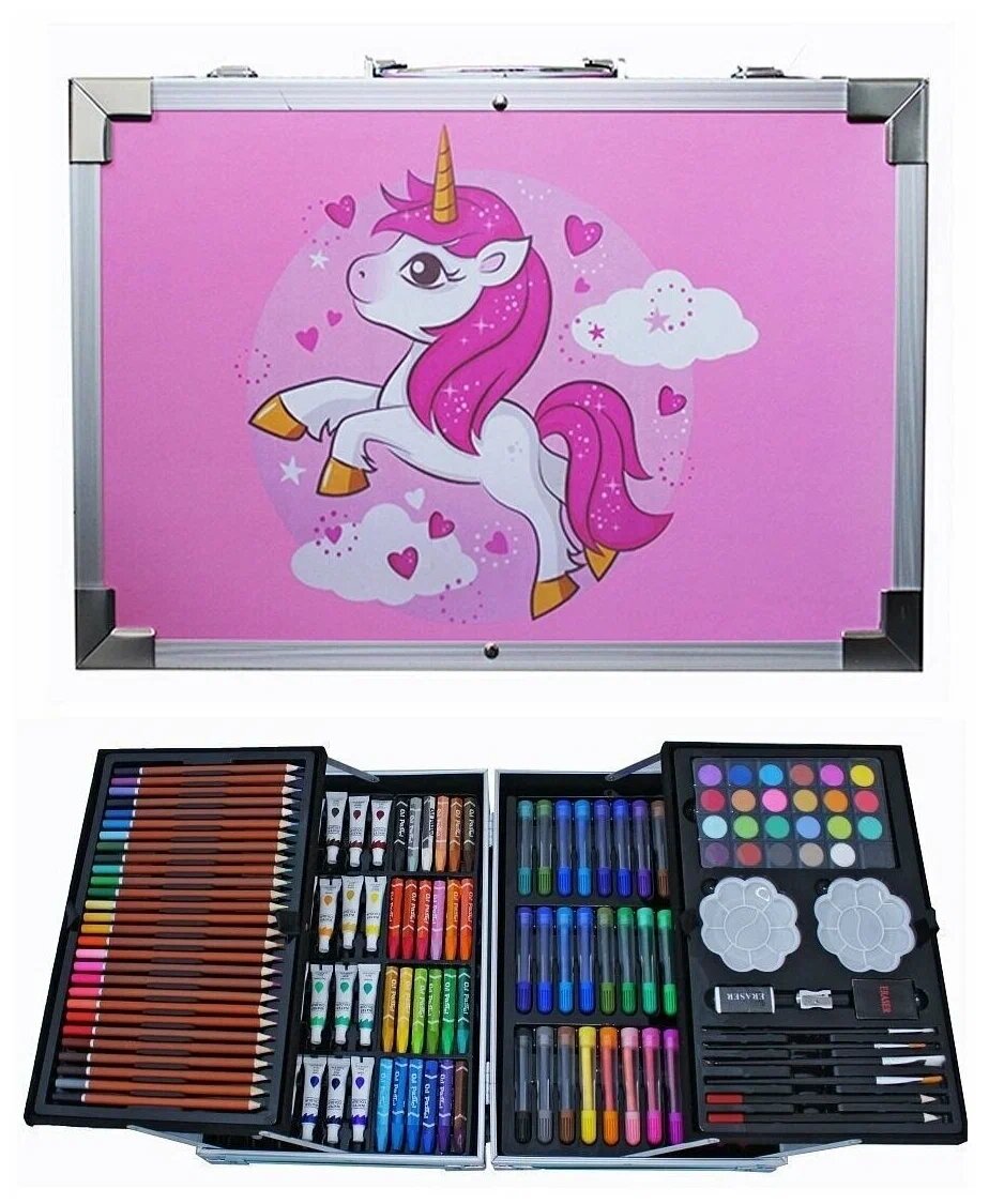Набор для рисования "Чемодан творчества" с красками, в алюминиевом чемоданчике, Единорог розовый