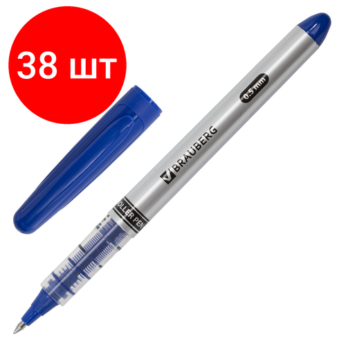 Комплект 38 шт, Ручка-роллер BRAUBERG Control, синяя, корпус серебристый, узел 0.5 мм, линия письма 0.3 мм, 141554 ручка роллер с чернилами на водной основе 0 7мм penac liqroller синяя