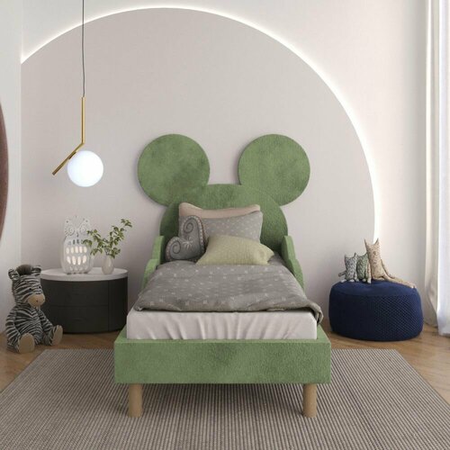 Детская кровать мягкая с ушками и бортиками Микки 70x160 цвет Зеленый