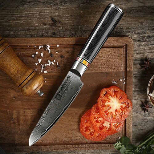 Kimatsugi / Японский кухонный поварской универсальный нож Мини-Сантоку Damascus #119. Настоящая дамасская сталь 67 слоев. VG-10 в обкладках. В подарочной коробке