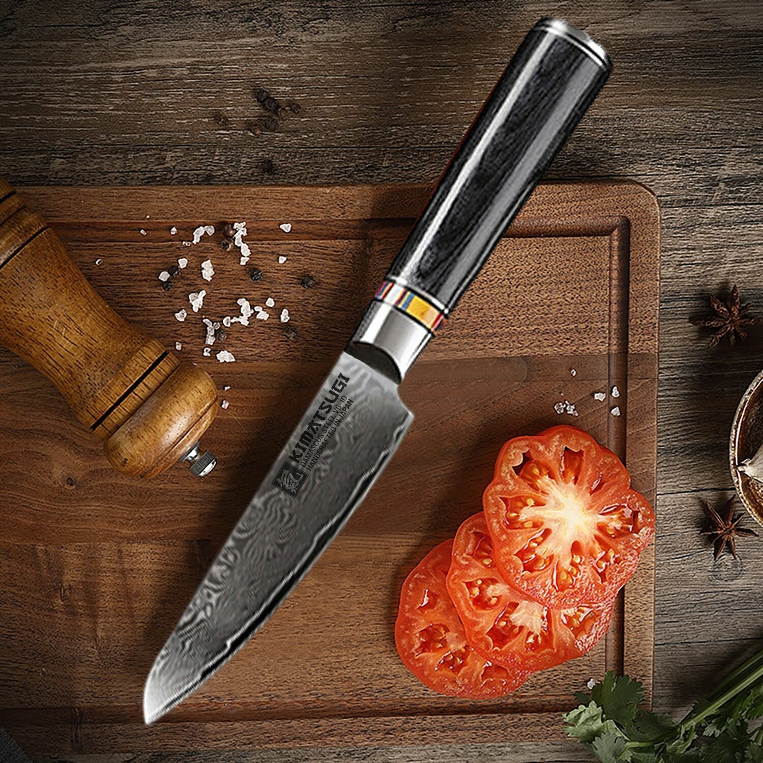Kimatsugi / Японский кухонный поварской универсальный нож Мини-Сантоку Damascus #119. Настоящая дамасская сталь 67 слоев. VG-10 в обкладках. В подарочной коробке
