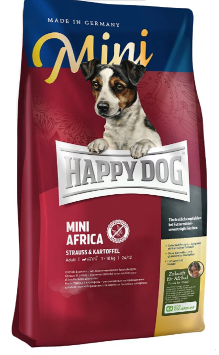 Сухой корм для собак Happy Dog Mini Africa, для здоровья кожи и шерсти, при чувствительном пищеварении, страус, с картофелем 1 уп. х 1 шт. х 4 кг (для мелких пород)