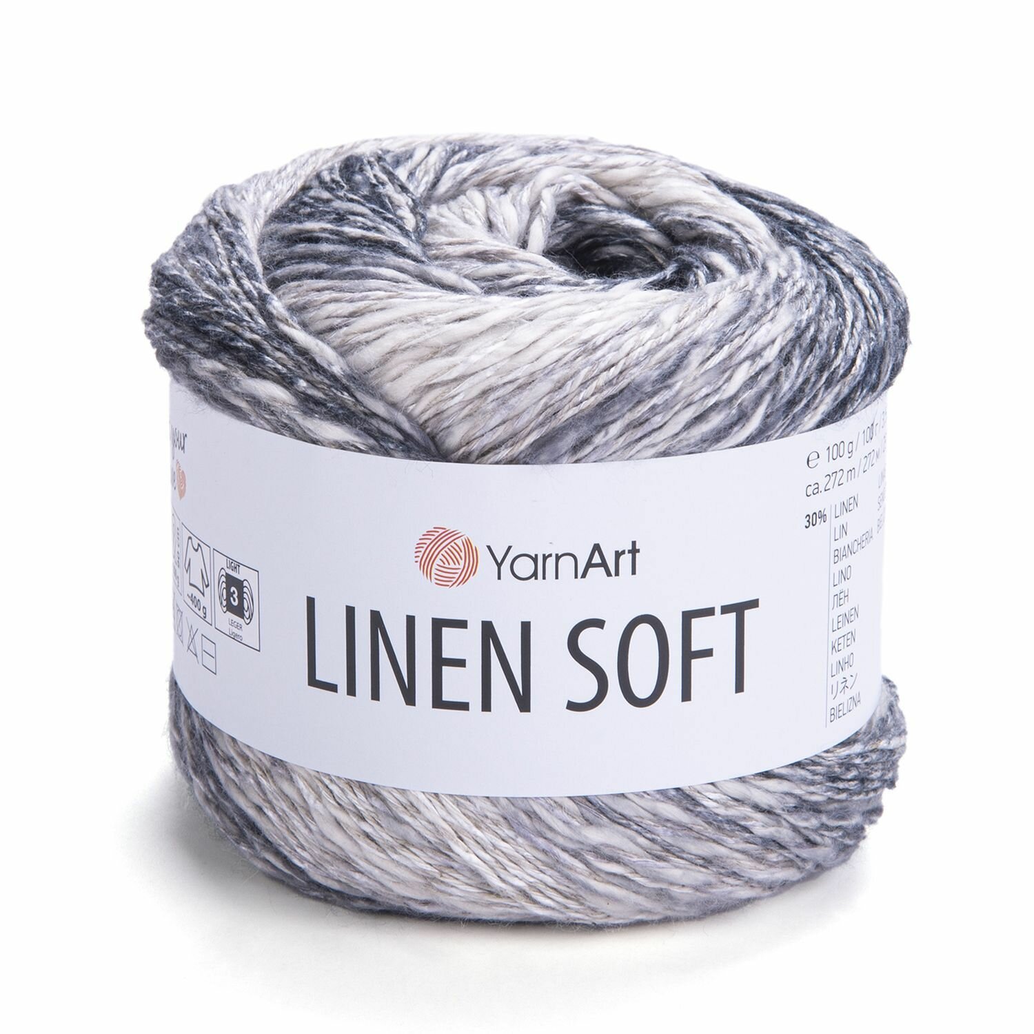 Пряжа Linen soft YarnArt, бел/черн/сер - 7406, 30% лен, 36% вискоза, 34% хлопок, 4 мотка, 100 г, 272 м.