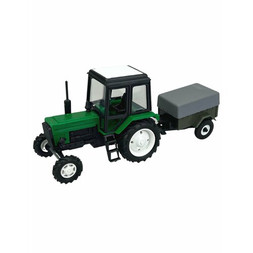 Машинка детская, Трактор с прицепом, зелено-черный, масштабная модель, 1/43, размер - 15 х 5 х 6,5 см.