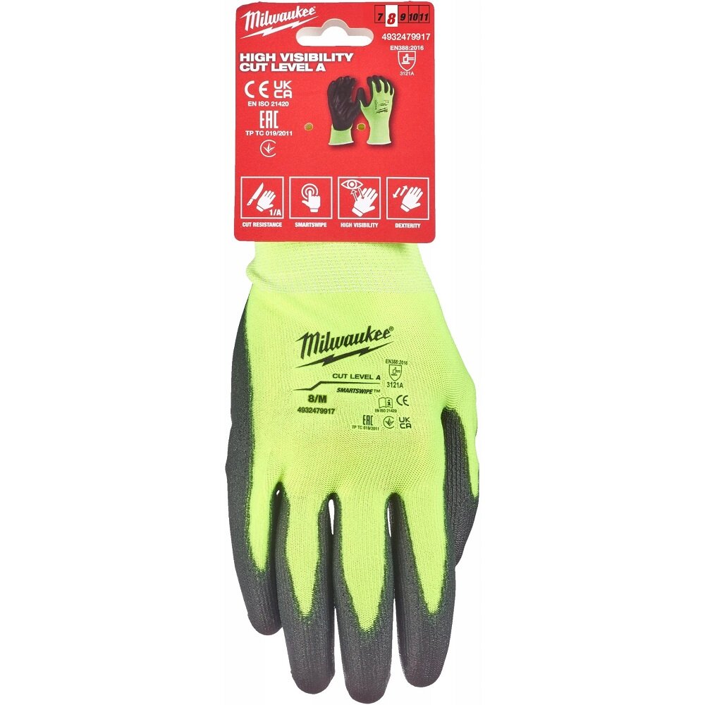 фото Перчатки Milwaukee Hi-VIS CUT LEVEL сигнальные с уровнем сопротивления порезам 1/A, размер M/8 4932479917