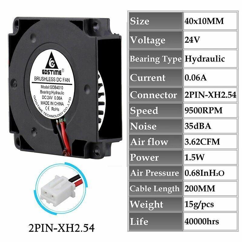 Gdstime вентилятор для 3D-принтера 40 мм 24В, 24V Hydraulic 2PIN, 2Pcs 4010 Blower