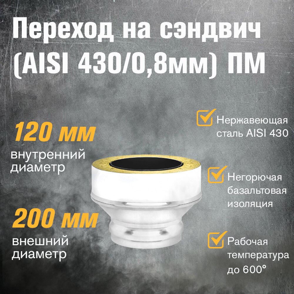 Переход на сэндвич для дымохода из нержавеющей стали (AISI 430/08мм) (ПМ) (120x200)