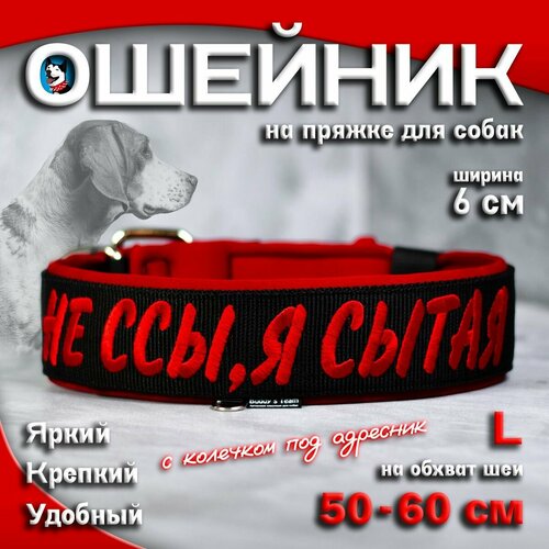 Ошейник для собак Buddy team на пряжке, с вышивкой НЕ ССЫ Я сытая, ширина 6 см, с мягким подкладом для средних и крупных пород, размер L