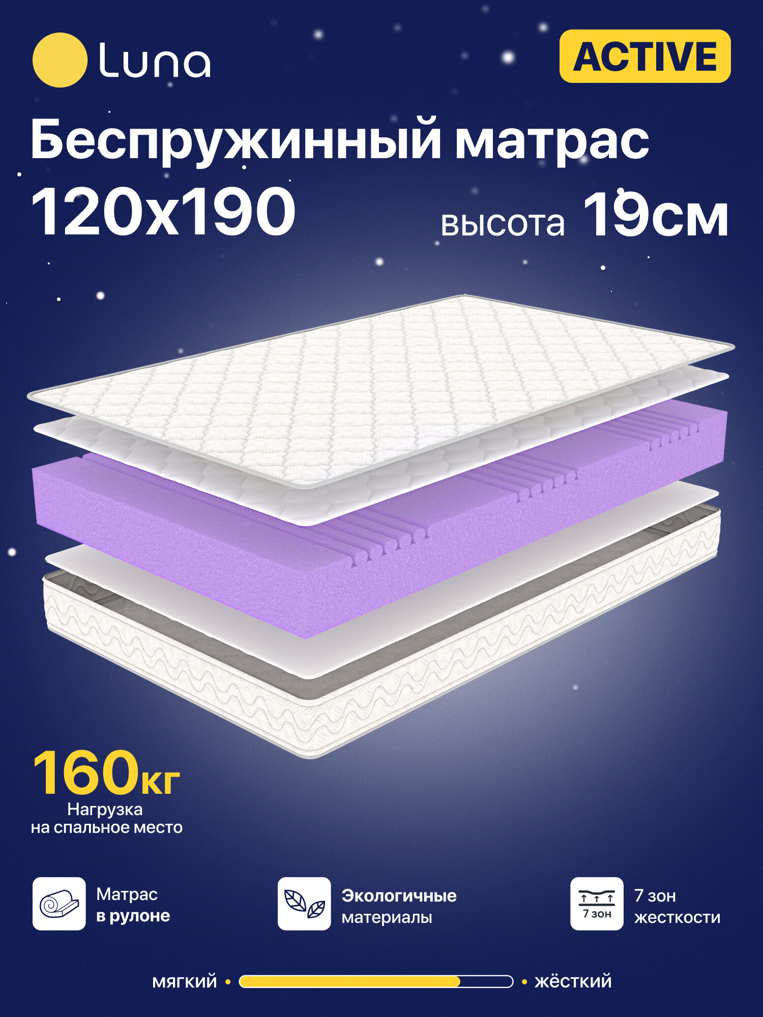 Ортопедический матрас Luna Active 120х190 см беспружинный, двухсторонний, гипоаллергенный, анатомический, высота 19 см