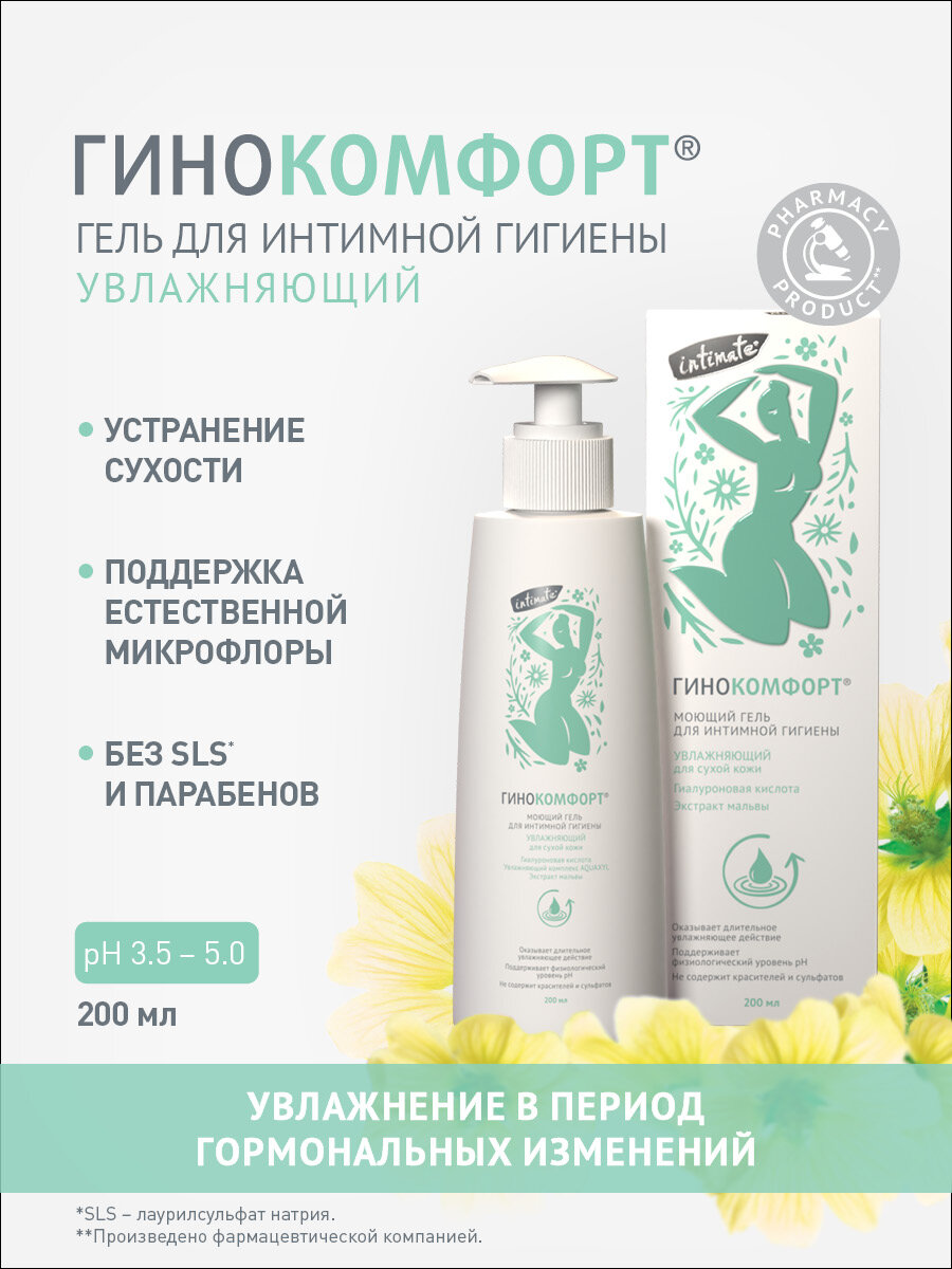 Увлажняющий гель для интимной гигиены Гинокомфорт Intimate гель для подмывания 200мл
