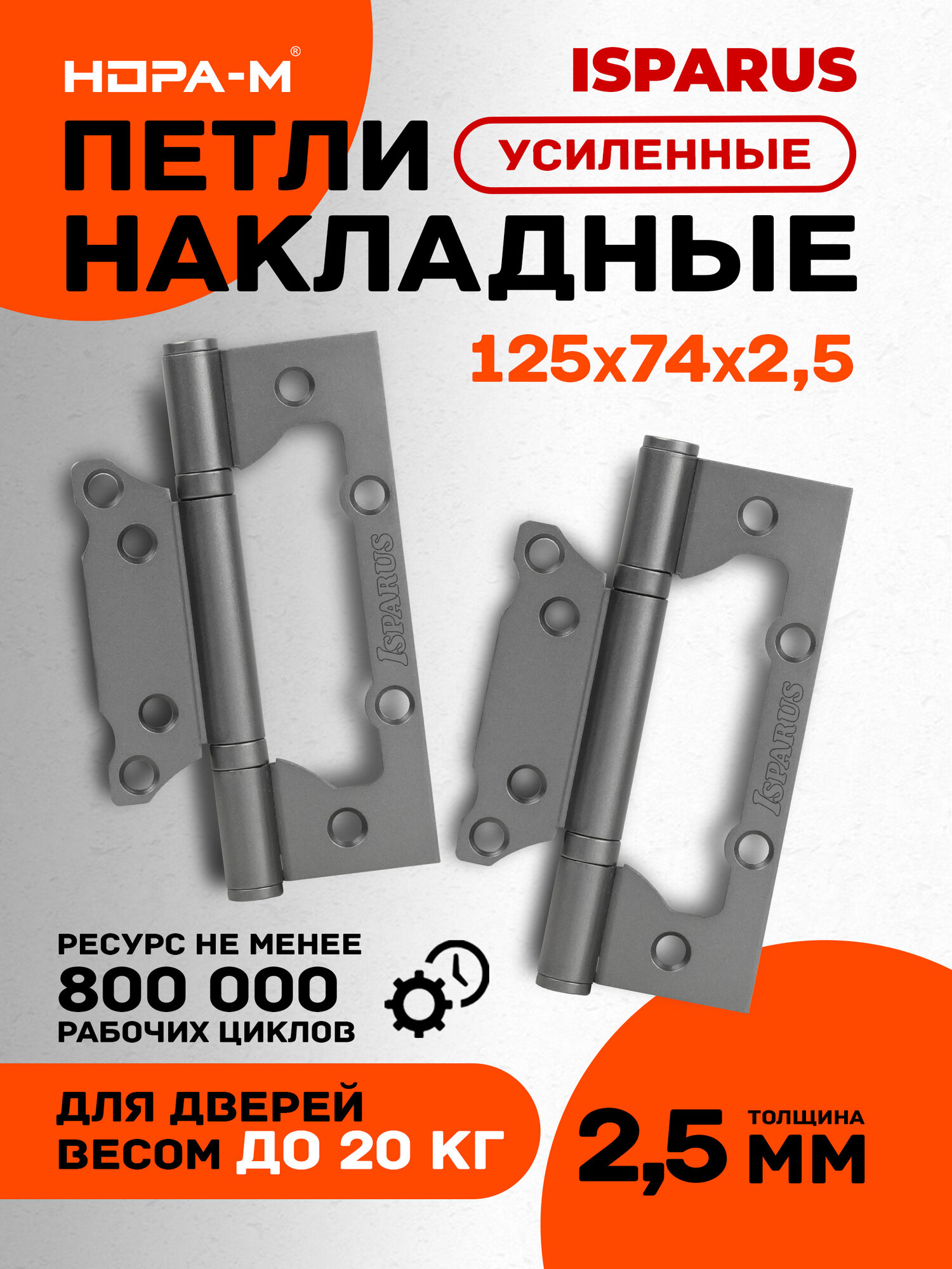 Петли дверные 2 шт. Нора-м Isparus 800-5", накладные, универсальные, 125х75х2,5, светлый графит