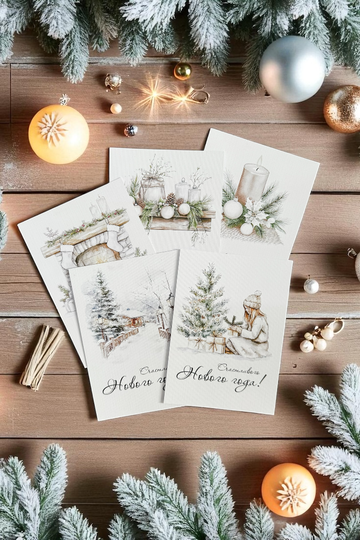Набор новогодних открыток (5 шт) с конвертами "С Новым годом!" — тёплый зимний дизайн на белой дизайнерской бумаге на русском языке