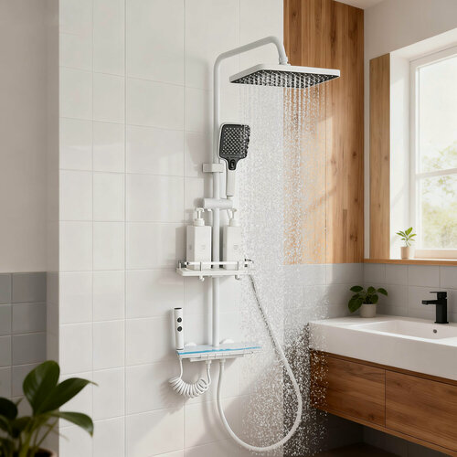 Изображение товара Белый Душевая система Vexorus с тропическим душем и подсветкой и индикатором температуры, комплект 4 в 1 Vexorus Design