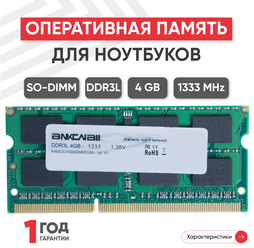 Модуль памяти Ankowall SODIMM DDR3L, 4ГБ, 1333МГц, 1.35В, PC3-10600