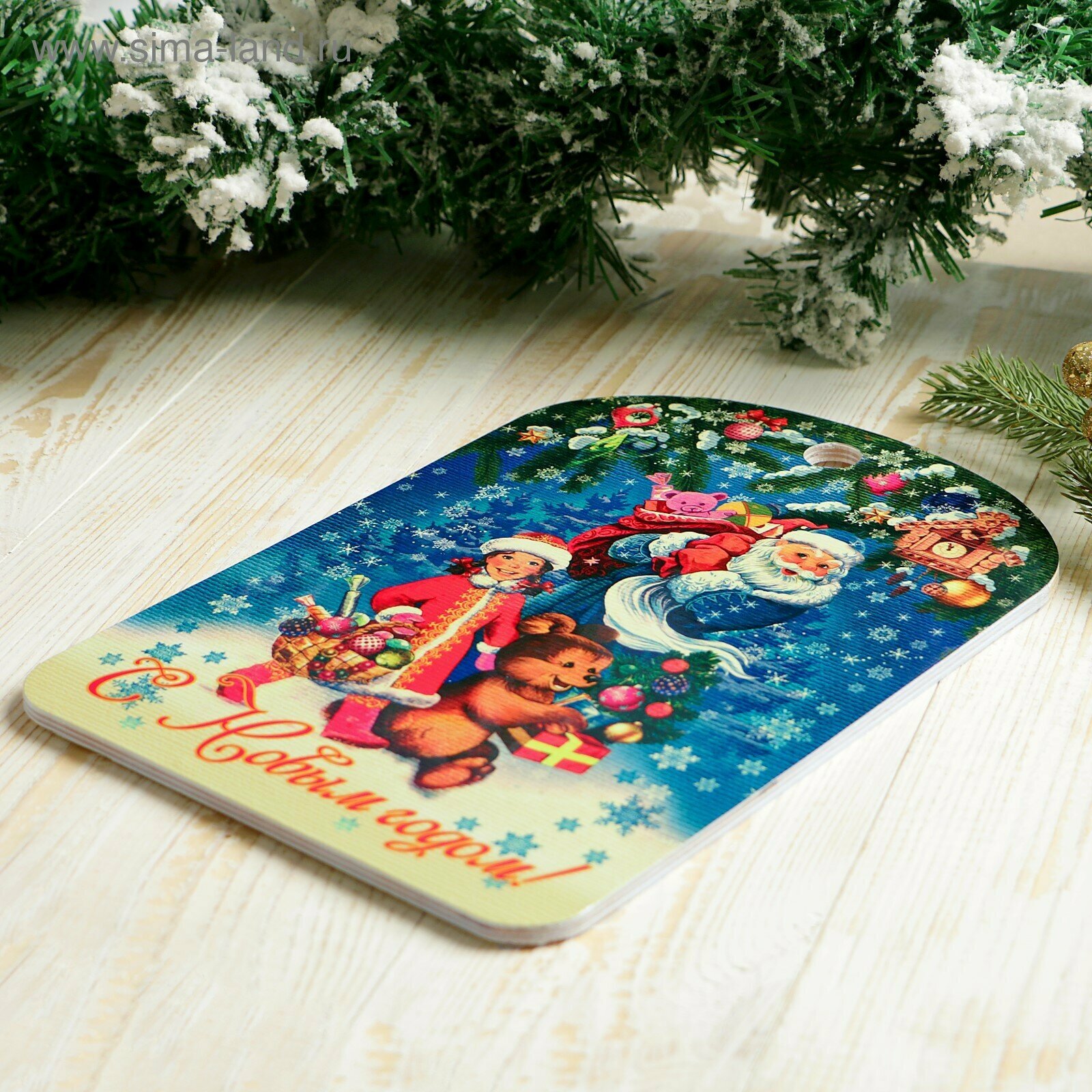 Доска разделочная сувенирная "С Новым годом. Дед Мороз, Снегурочка и мишка", 27,5х19,5см - фотография № 2