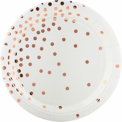 Тарелки одноразовые бумажные/Набор одноразовых бумажных тарелок для праздника (7'/18 см) Конфетти, Белый/Розовое золото, Металлик, 6 шт.