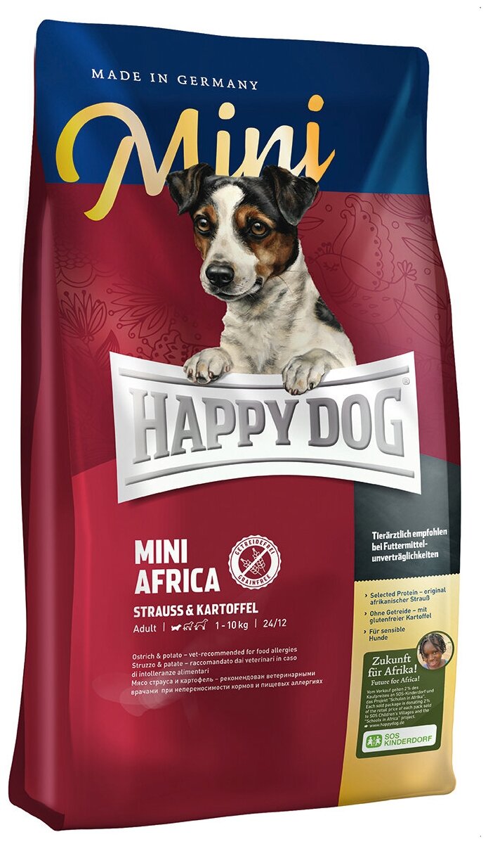 Сухой корм для собак Happy Dog Mini Africa для здоровья кожи и шерсти при чувствительном пищеварении страус с картофелем (для мелких и карликовых пород)