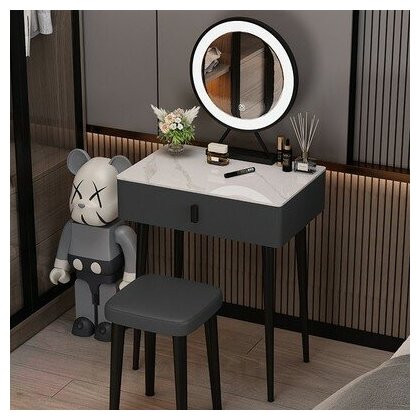 Компактный туалетный столик 60 см обитый кожей с табуретом и зеркалом с подсветкой (тёмно-серый столик - без табурета и зеркала)