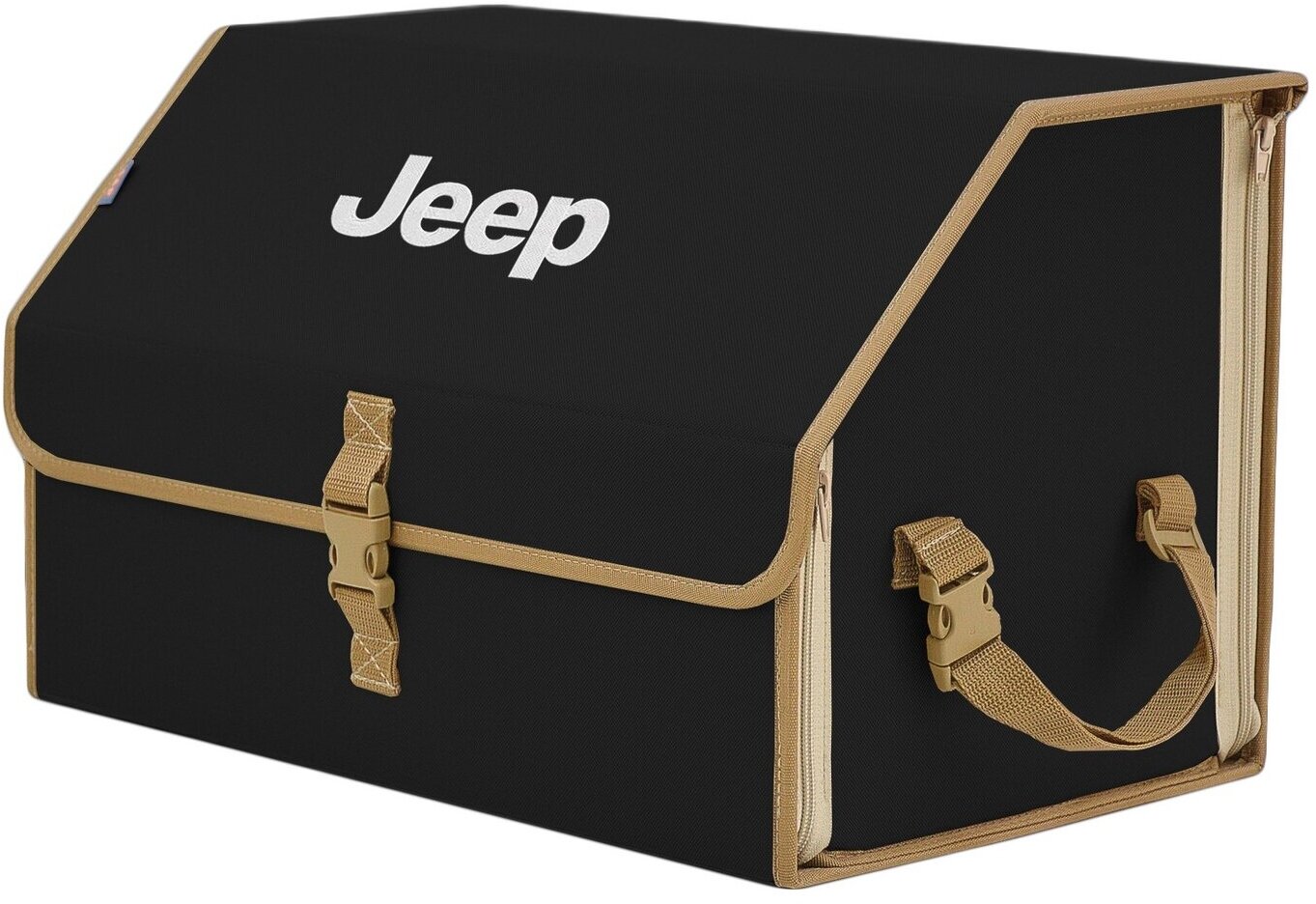 Органайзер-саквояж в багажник "Союз" (размер L). Цвет: черный с бежевой окантовкой и вышивкой Jeep (Джип).