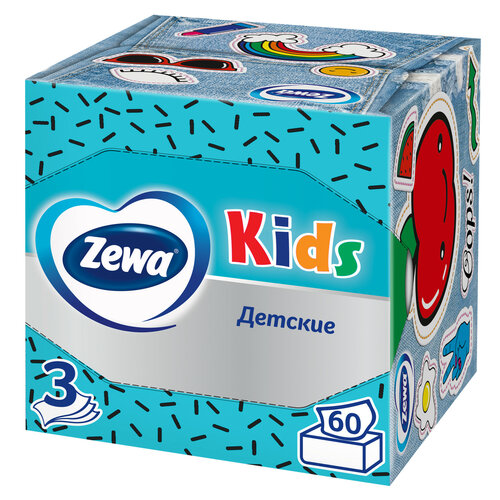 салфетки бумажные косметические zewa kids тигренок 60 шт Салфетки Zewa Kids, 60 листов, 1 пачка, голубой