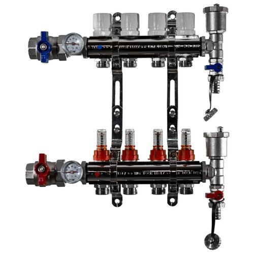 фото Коллекторная группа tim (ka004) 1", 4 вых., расходомер, воздухоотводчик, сливной кран, термометр