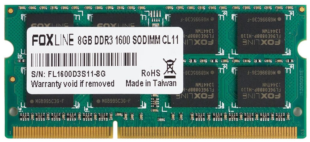 Оперативная память Foxline 8 ГБ DDR3 1600 МГц SODIMM CL11 FL1600D3S11-8G