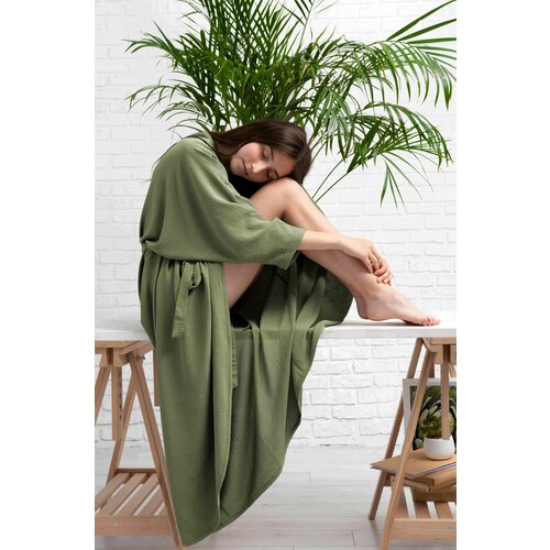 фото Туника , укороченный рукав, пояс, без карманов, размер универсальный, зеленый нет бренда