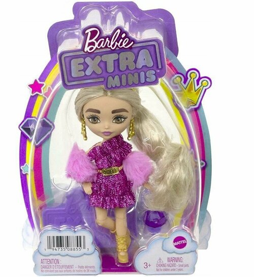 Кукла Барби Mattel Barbie HGP62, HJK67 Extra Minis в блестящем платье и короне с сумкой бриллиантом