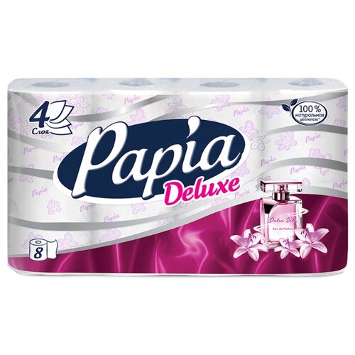 фото Туалетная бумага Papia Deluxe Dolce vita белая четырёхслойная, 8 рул.
