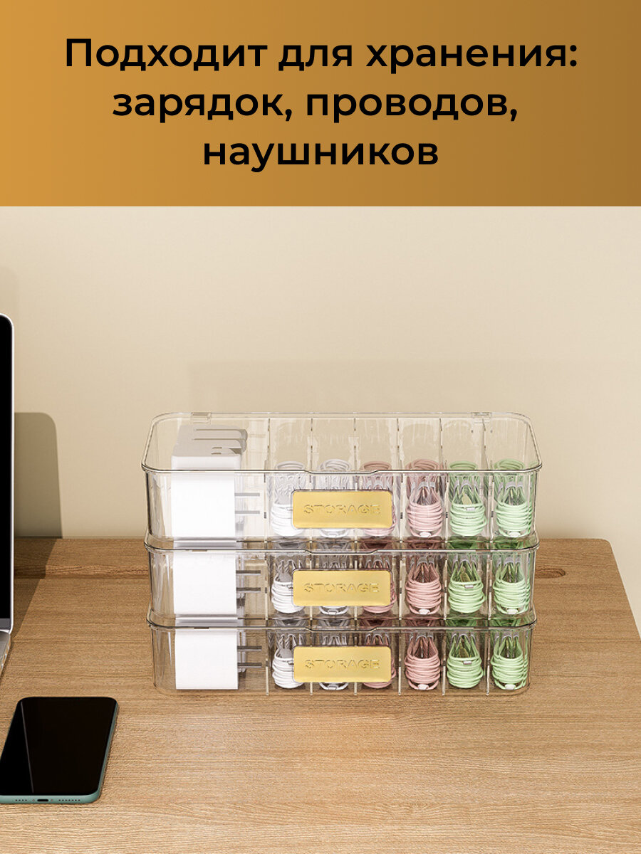 Органайзер для проводов и зарядок, мелочей, коробка для хранения, контейнер с крышкой, для порядка в доме — фото 1