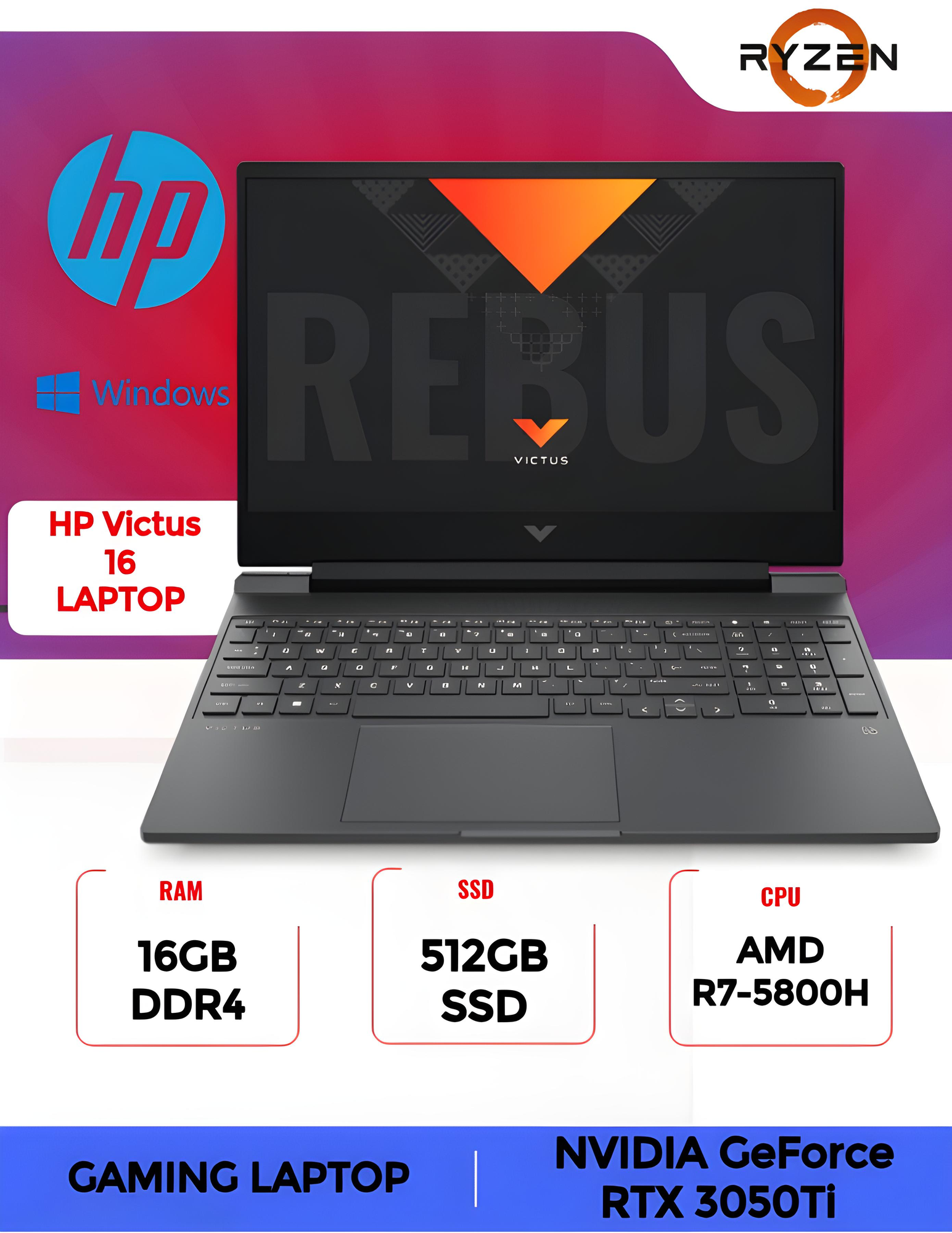 Ноутбук HP Victus, AMD R7 5800H, 16 ГБ, SSD 512 ГБ, RTX3050 Ti 4 ГБ, 16,1"