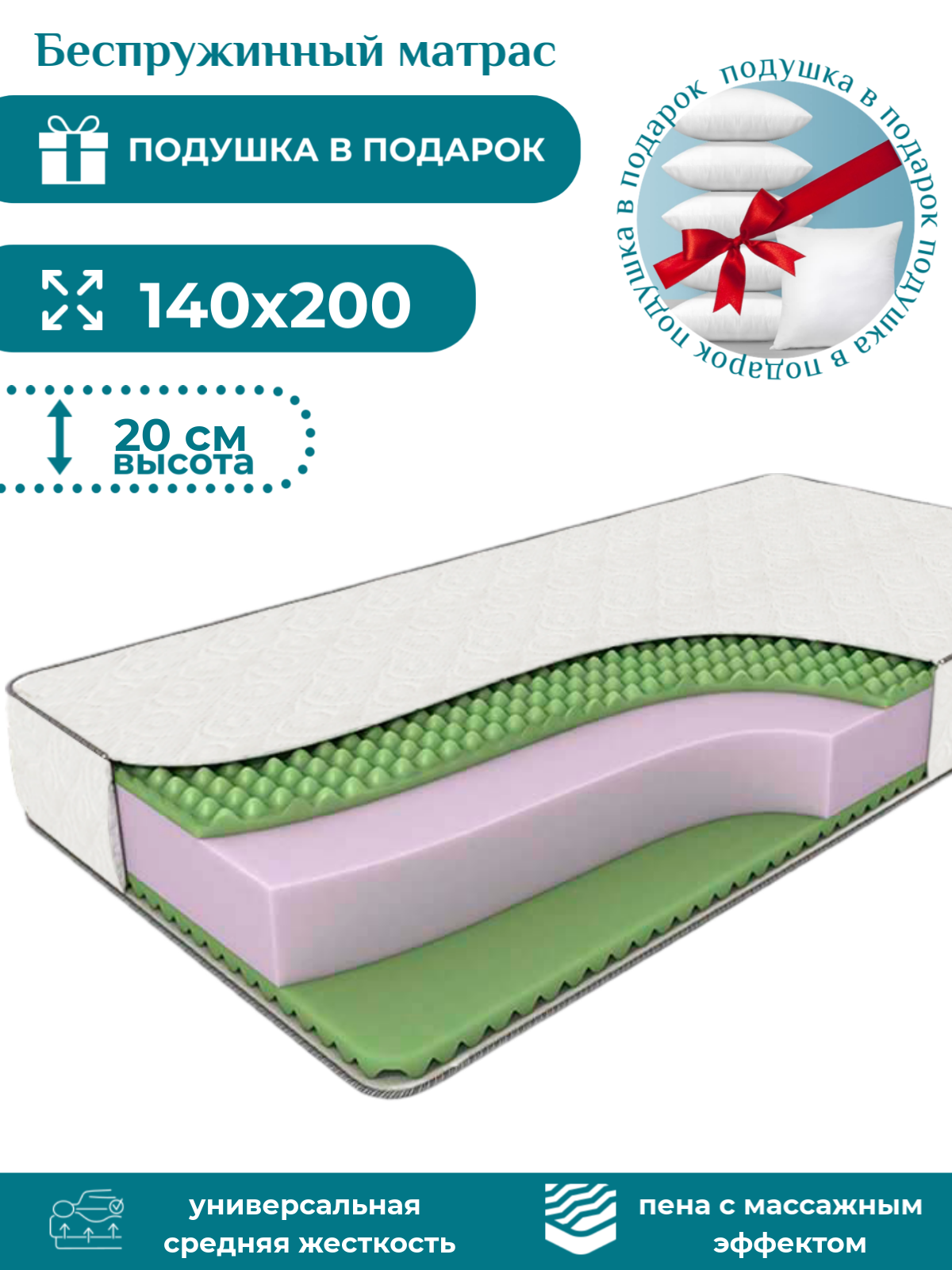 Матрас 140х200, беспружинный, ортопедический, Massage Roll Two-Sides