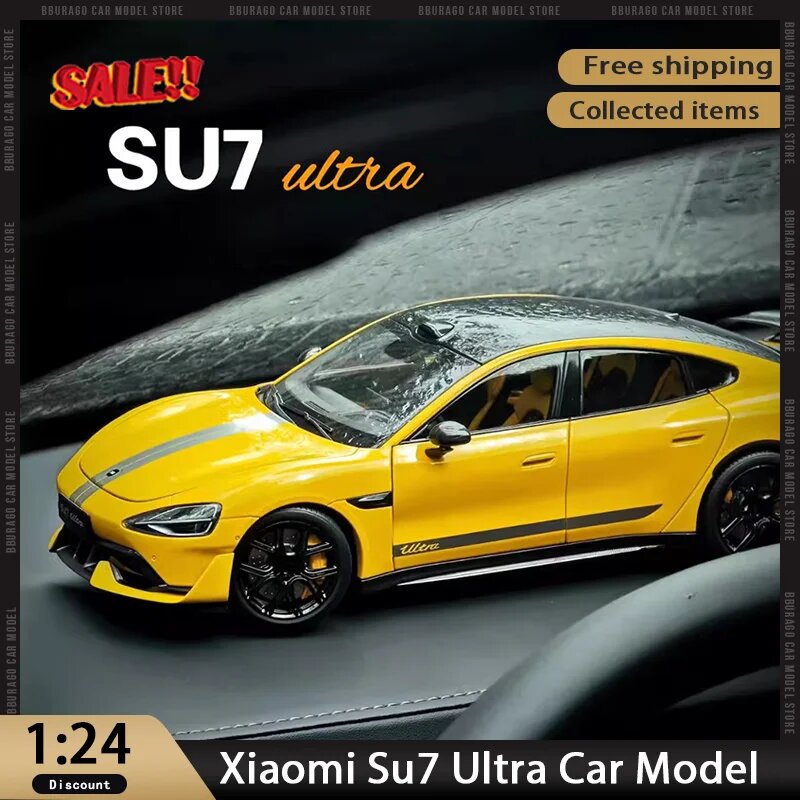 Картинки Новинка в наличии 1:24 Xiaomi Su7 ультра моделирование сплава микро литье под давлением светящаяся модель автомобиля индивидуальные игрушки коллекция орнамент подарок, Желтый