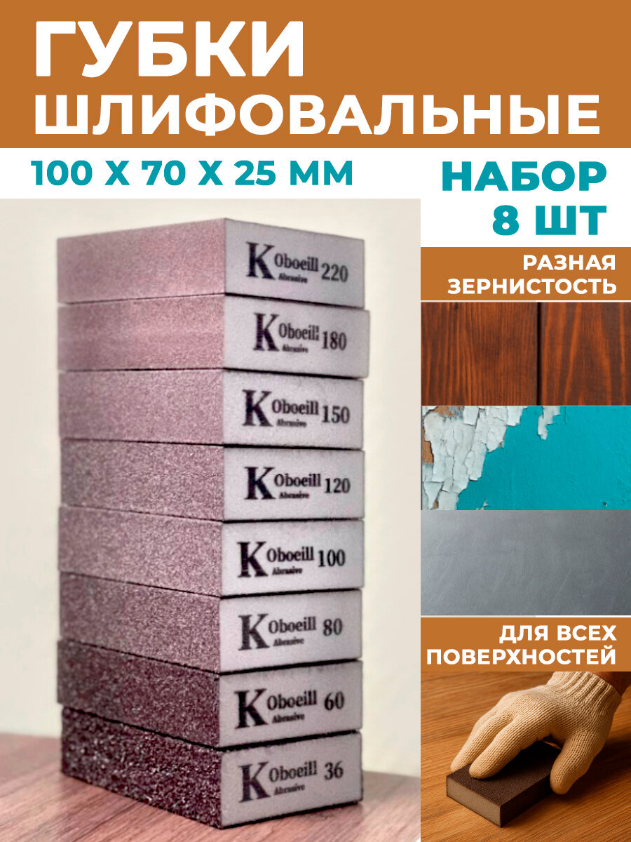 Губки абразивные, блоки шлифовальные 100*70*25 мм, набор 8 шт. разная зернистость