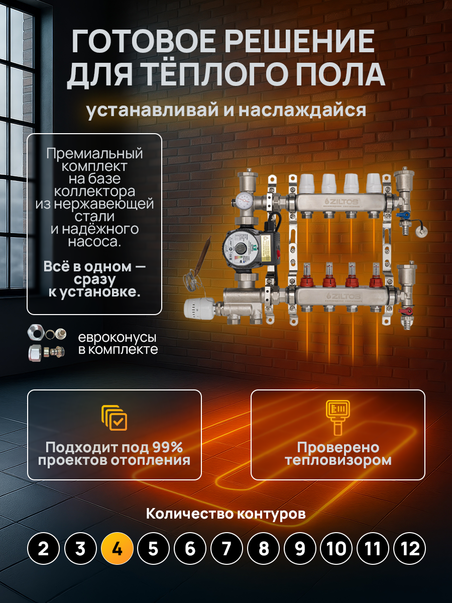 Комплект для водяного теплого пола 4 выхода / контура Ziltos / коллектор насос насосно-смесительный узел евроконусы